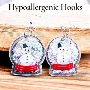 Snowman Glitter Snow Globe Christmas Earrings with Hypoallergenic Hooks